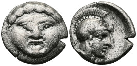GreekPISIDIA. Selge. Circa 350-300 BC. Obol (Silver). Facing gorgoneion with protruding tongue. Rev. Head of Athena to right, wearing crested Attic he...