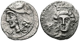 CILICIA. Uncertain mint. 4th Century BC. Obol (Silver). Head of Aphrodite (?) facing, turned slightly to the left, wearing an ornate stephane, a crene...