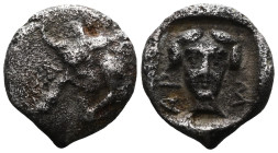 GreekCILICIA. Mallos. Circa 440-390 BC. Obol (Silver). Forepart of a man-headed bull to left. Rev. M-AP Facing female head; all within square incuse. ...