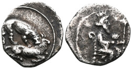 GreekCilicia. Tarsos. Mazaios, Satrap of Cilicia. AR Obol. 361-334 BC.Obv: The Great King of Persia, wearing crown and elaborate robes, seated right o...