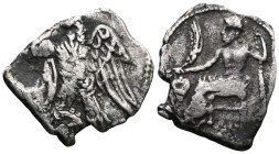 GreekCilicia, uncertain mint AR Obol (Silver) 4th BC .Obv: Baaltars seated left holding grain ear, grape-bunch and sceptreRev: Eagle standing left on ...