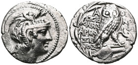 Greek
ATTICUS, ATHENS, AR tetradrachm, 124-123 BC. AD D/ Helmeted T. of Athena to right. R/ A-ΘE/ ΞE-NO/ΚΛΗΣ/ EPMO/ΞE/NOΣ Owl on an amphora of f. On ...