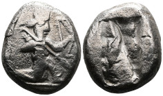 Achaemenid Kings of Persia, time of Xerxes II - Artaxerxes II AR Siglos. Sardes, circa 420-375 BC. Persian king in kneeling-running stance right, hold...