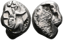 Persia, Achaemenid Kings AR Siglos. Time of Artaxerxes II - Artaxerxes III AR Siglos. Sardes, circa 375-340 BC. Persian king or hero in kneeling-runni...