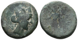 GreekCilicia, Korykos, AE . 1st cent. BC .Obv: Turreted head of Tyche right; AK to leftRev: KΩΡYKIΩTΩN EΡ ΠO EΡ, Hermes standing left, wearing petasos...