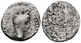 Augustus (27 BC-AD 14). AR denarius. Lugdunum, 2 BC-AD 14. CAESAR AVGVSTVS DIVI F PATER PATRIAE, laureate head of Augustus right / AVGVSTI F COS DESIG...
