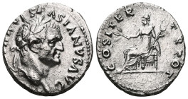 Roman ImperialVespasian AR Denarius. Rome, AD 69-71. [IMP CAE]SAR VESPASIANVS AVG, laureate head right / COSITER TR POT, Pax seated left, holding bran...