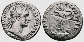 Domitian. (90 AD) AR Denar. Obv: IMP CAES DOMIT AVG GERM P M TR P VIIII. laureate bust of Domitian right. Rev: IMP XXI COS XV CENS P P P. Minerva stan...