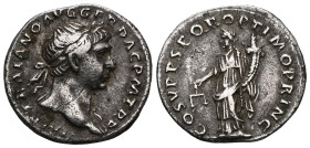 ROMAN IMPERIALTrajan, 98 - 117 AD Silver Denarius, Rome Mint, (18mm, 3.1 g) Obverse: IMP CAES NERVA TRAIAN AVG GE DAC P P TR P, Laureate head of Traja...