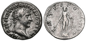 TRAJAN (98-117). Denarius. Rome.Obv: IMP CAES NERVA TRAIAN AVG GERM.Laureate head right.Rev: P M TR P COS IIII P P.Statue of Herakles standing facing ...