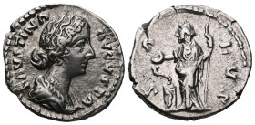 FAUSTINA II (Augusta, 147-176). Denarius. Rome.Obv: FAVSTINA AVGVSTA.Draped bust right.Rev: SALVS.Salus standing left with sceptre, feeding snake risi...