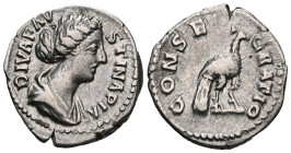 Diva Faustina Junior (AD 147-175/6). AR denarius . VF. Rome, ca. AD 176-180. DIVA FAV-STINA PIA, draped bust of Faustina Junior right, seen from front...