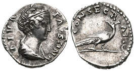 Faustina I (died 141 AD). Diva Faustina I.Denarius (silver). After 141 AD. Rome.Obverse: DIVA FAVSTINA. Draped bust right.Reverse: CONSECRATIO. Peacoc...
