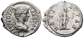 GETA, as Caesar. 198-209 AD. AR Denarius . Struck 200-202 AD. P SEPT GETA CAES PONT, bare-headed, draped bust right / NOBI-LITAS, Nobilitas standing f...