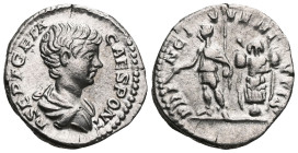 Geta (209 - 211 AD).Denarius. 200 AD Rome.Obverse: P SEPT GETA CAES PONT. Bust with paludament right.Reverse: PRINC IVVENT. Geta with branch and lance...