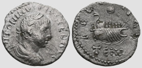 Elagabalus AD 218-222. Antioch
Denarius AR
ANTONINVS PIVS FEL AVG, laureate, and draped bust right / FELICITAS TEMP, ship with sail and seven rowers...