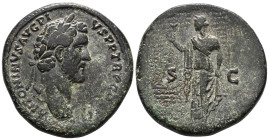 ANTONINUS PIUS. 140-144. Rome. Sestertius. SC. Hope to the left with flower, standing dressed. CyS343. C.754. MyS.626. Somewhat reworked, especially t...