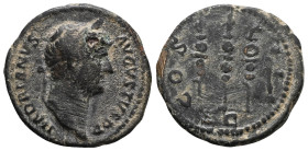 Hadrian, 117-138. Quadrans. Rome.ÆHADRIANVS AVGVSTVS P P, laureate head right / COS III, three standards, S-C across fields.very fineRIC 977.