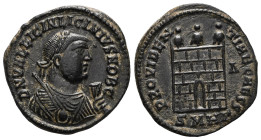 Licinius II (Caesar, 317-324). Æ Follis . Heraclea, 318-320. Laureate bust r., wearing imperial mantle, holding globe, sceptre and mappa. R/ Camp gate...
