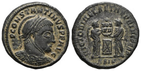 Constantine I (306-337). AE, Follis. (Bronze, 3.26 g. 18 mm.) Siscia.Obv: IMP CONSTANTINVS P F AVG. Bust of Constantine I, laureate, helmeted and cuir...