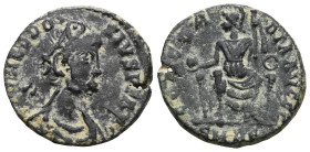 Theodosius I (379-395), Nummus, Rome, AD 379 - 383; AE , D N THEODO - SIVS P F AVG, diademed, draped and cuirassed bust r., Rv. CONCOR - DIA AVGGG, Ro...