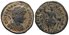Theodosius I. AD 379-395. Æ . Cyzicus mint, 3rd officina. Pearl-diademed, draped and cuirassed bust right / Roma seated facing, head right, holding sc...