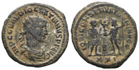 Diocletian AE Antoninianus (Bronze) Siscia, AD 293-295.Obv: IMP C C VAL DIOCLETIANVS P AVG, radiate and cuirassed bust rightRev: CONCORDIA MILITVM, Di...