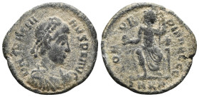 Theodosius I. AD 379-395. Æ . Cyzicus mint, 3rd officina. Pearl-diademed, draped and cuirassed bust right / Roma seated facing, head right, holding sc...