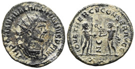 Maximianus Herculius (285-310) AE radiate (Bronze)Obv: IMP C M AVR VAL MAXIMIANVS P F AVG , radiate, draped and cuirassed bust rightRev: IOV ET HERCV ...