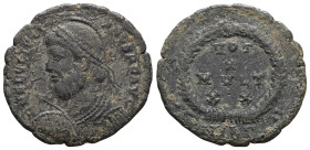 Julian II. A.D. 360-363. AE .Diademed, helmeted and cuirassed bust of Julian II left, holding spear and shieldRev. VOT/ X/ MVLT/ XX, VOT/ X/ MVLT/ XX ...