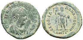 Honorius. (393-423) AE (Bronze). Antioch, 393-395.Obv: D N HONORIVS P F AVG, pearl-diademed, draped and cuirassed bust of Honorius rightRev: GLORIA RO...