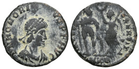 Honorius, 393-423. Follis, Antiochia, 395-401. D N HONOR-IVS P F AVG Pearl-diademed, draped and cuirassed bust of Honorius to right. Rev. VIRTVS E-XER...