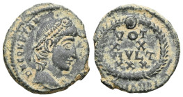 Constantius II, 337-361. Follis (Bronze), Antiochia, 347-348. D N CONSTAN-TIVS P F AVG Pearl-diademed head of Constantius II to right. Rev. VOT / XX /...