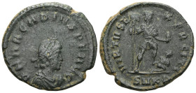 Arcadius (388-392) AE 12 (bronze) Cyzicus Obv: D N ARCADIUS P F AVG, pearl-diademed, draped and cuirassed bust rightRev: SALVS REI PVBLICAE / P+ // SM...