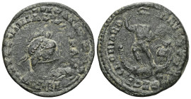 Theodosius I. A.D. 379-395. AE . Cyzicus mint, struck A.D. 379-383. DN THEODOSIVS PF AVG , pearl-diademed, helmeted, draped, and cuirassed bust right,...