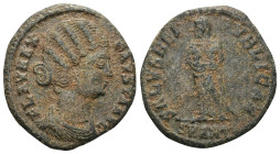 Fausta, wife of Constantine IFollis, Treviri 326, Æ  FLAV MAX – FAVSTA AVG Draped bust r., wearing double pearl necklace Rev. SPES REIP – VBLICAE Spes...