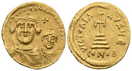 Heraclius, 610-641. With Heraclius Constantine. Solidus, 613-616. The two busts from the front, draped, with crown, cross between them. Rev. VICTORIA ...