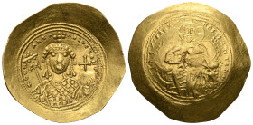 Constantine IX Monomachus, 1042-1055. Histamenon (Gold), Constantinople. +IhS XIS REX REGNANTIhM Christ, nimbate, seated facing on lyre-backed throne....