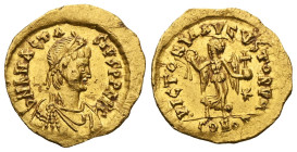 ByzantineAnastasius I, 491-518. Tremissis (Gold), Constantinopolis. D N ANASTASIVS P P AVG Pearl-diademed, draped and cuirassed bust of Anastasius to ...