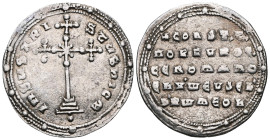ByzantineConstantine VII Porphyrogenitus, with Romanus I and Christopher. AD 913-959. Byzantine Miliaresion AR . Cross crosslet, with saltire cross at...