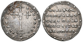 ByzantineConstantine VII Porphyrogenitus, with Romanus I and Christopher. AD 913-959. Byzantine Miliaresion AR . Cross crosslet, with saltire cross at...