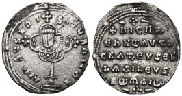 Nicephorus II Phocas. 963-969. AR miliaresion . 963-969. +IhSYS XRI-STuS nICA8, Medallion of four lobes with facing bust of Nicephorus, wearing crown ...