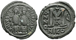 Byzantine
Justin II and Sophia AD 565-578. Nikomedia Follis Æ. D N IVSTINVS P P AVG, Justin on left, Sophia on right, seated facing on double-throne,...