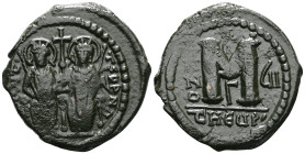 Byzantine
Justin II (565-578) and Sophia Æ follis (Bronze) Antioch , dated RY6 = 570/571.
Obv: D N IVSTINVS PP AV (or similar, first half retrograde...