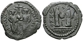Byzantine
Justin II (565-578) and Sophia Æ follis (Bronze) Antioch , dated RY6 = 570/571.
Obv: D N IVSTINVS PP AV (or similar, first half retrograde...