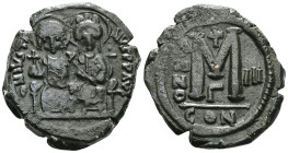 ByzantineJustinian I, 527-565. Half Follis (Bronze), Cyzicus, RY 22 = AD 548/9. D N IVSTINIANVS P P AVI Helmeted, diademed and cuirassed bust of Justi...