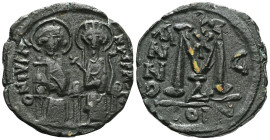 Byzantine CoinsJustin II with Sophia, 565-578 AD. AE Follis - 40 Nummi . Constantinople mint, 4th officina. Dated RY 7 (571/2). D N IVSTINVS P P AV, J...