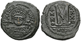 ByzantineJUSTINIAN I, (A.D. 527-565), AE follis, Antioch as Theoupolis mint.Justinian bust facing, aroundRev. M/ THEUP in exergue, large flan.S.223, D...