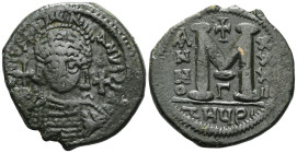 ByzantineJUSTINIAN I, (A.D. 527-565), AE follis, Antioch as Theoupolis mint.Justinian bust facing, aroundRev. M/ THEUP in exergue, large flan.S.223, D...