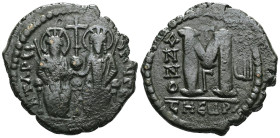 Byzantine
Justin II (565-578) and Sophia Æ follis (Bronze) Antioch , dated RY6 = 570/571.
Obv: D N IVSTINVS PP AV (or similar, first half retrograde...